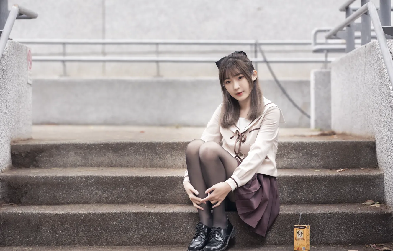 Photo wallpaper look, pose, Asian, cute girl, sitting on the steps, dark stockings