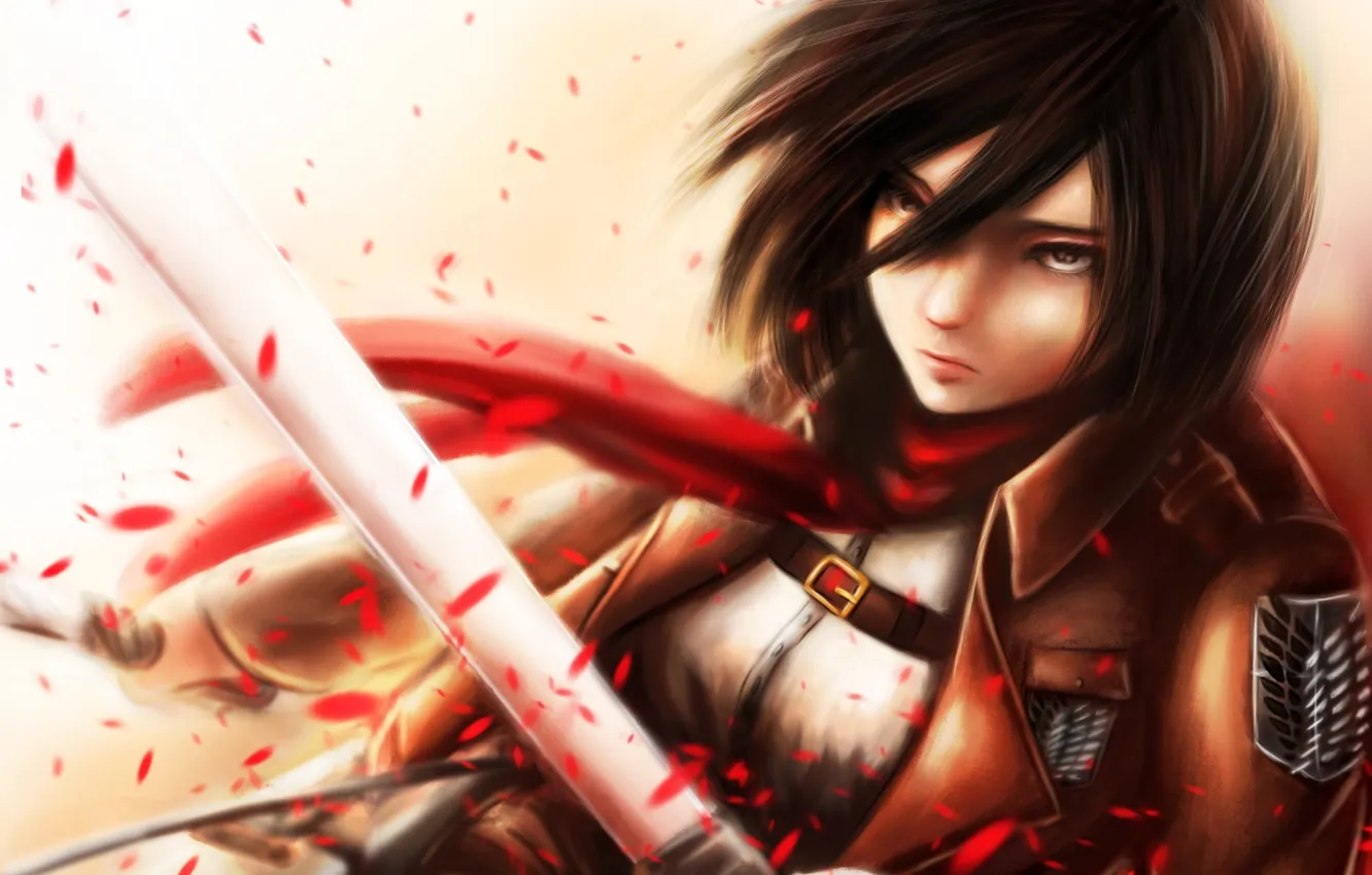 Photo wallpaper girl, anger, petals, soldiers, art, blade, Shingeki no Kyojin, Mikasa Ackerman