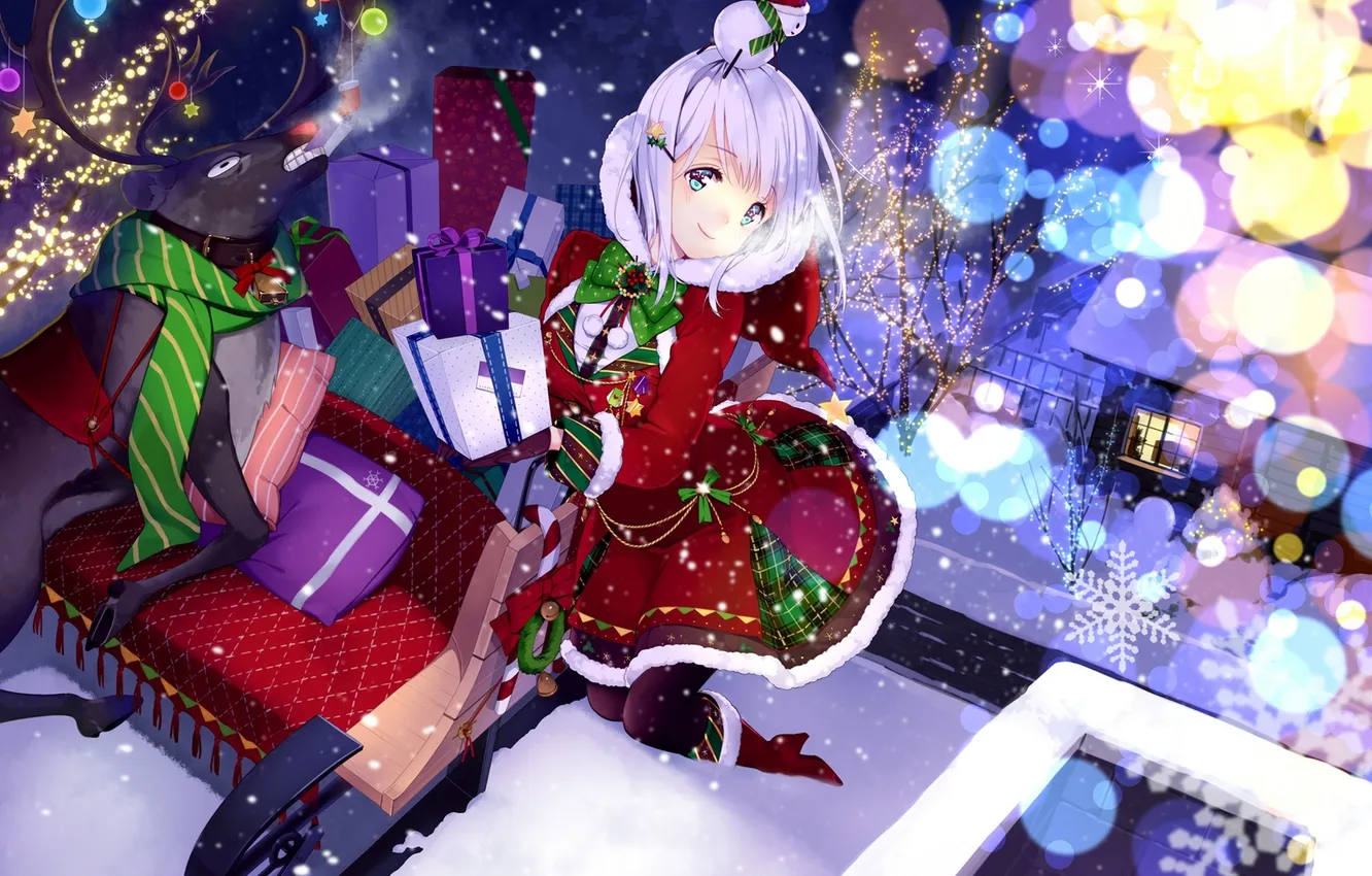 Photo wallpaper winter, girl, snow, lights, holiday, gift, new year, anime
