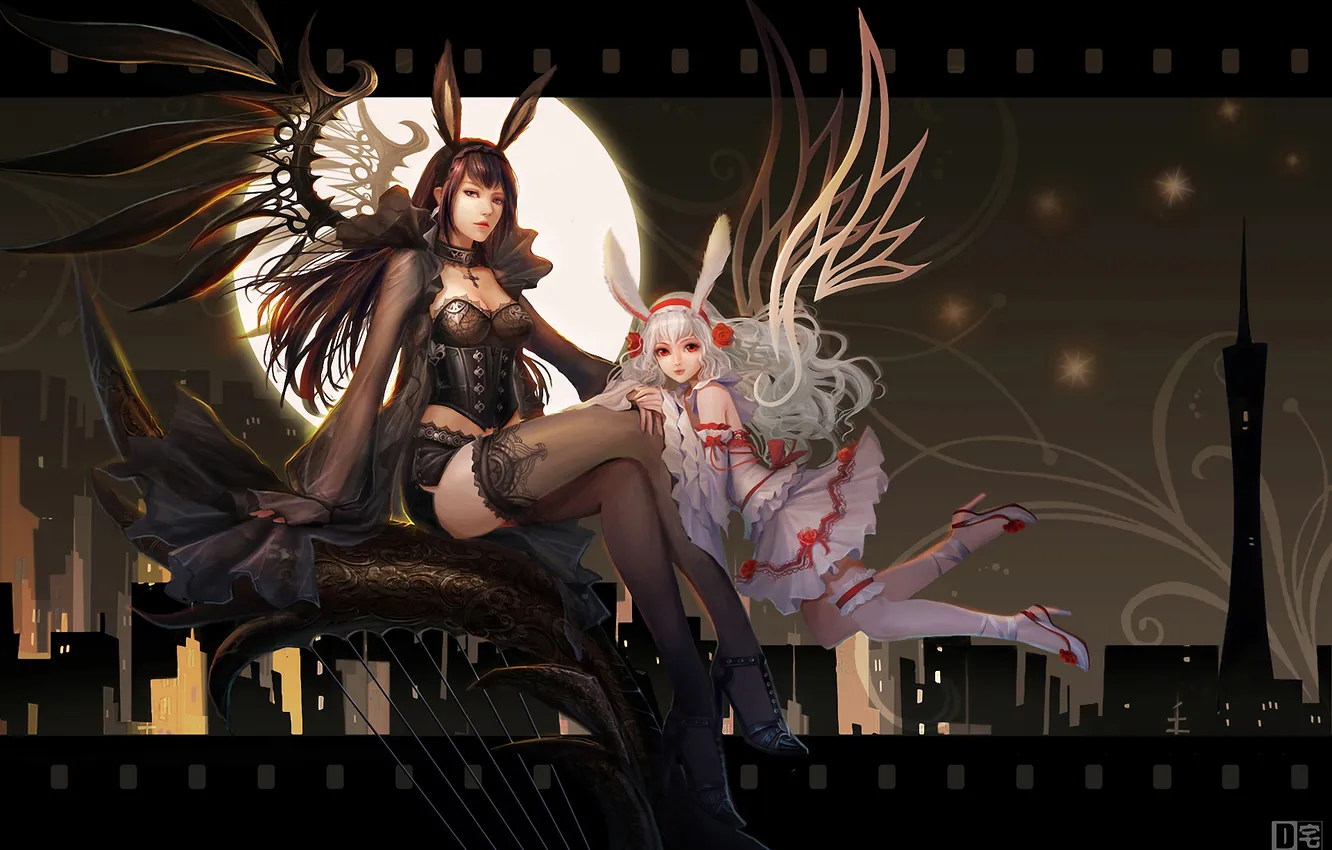 Photo wallpaper girl, shorts, wings, stockings, dress, brunette, blonde, girl