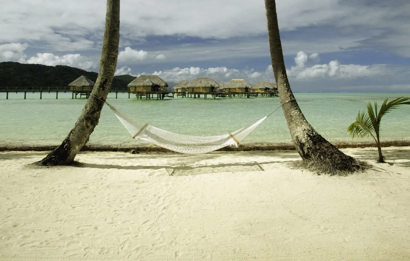 Photo wallpaper sand, hammock, house