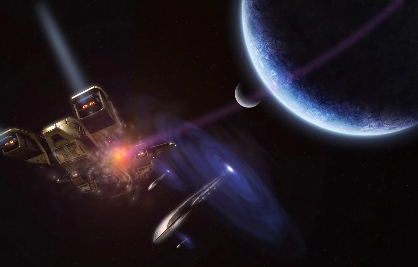 Photo wallpaper light, planet, satellite, galaxy, starship