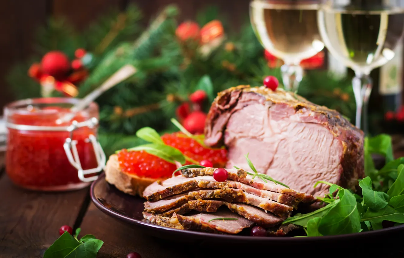 Photo wallpaper caviar, pork, champagne, glass