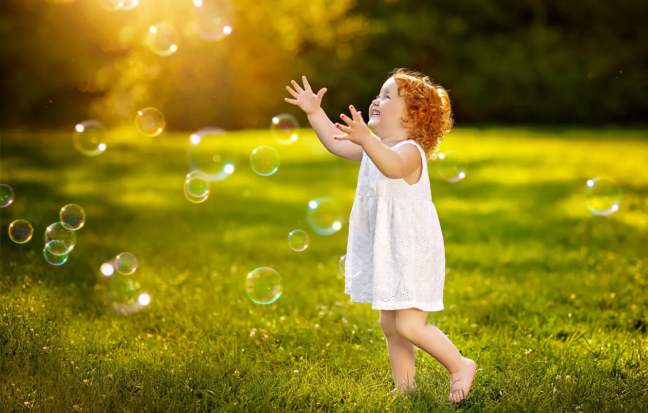 Photo wallpaper greens, summer, grass, joy, happiness, childhood, emotions, dress