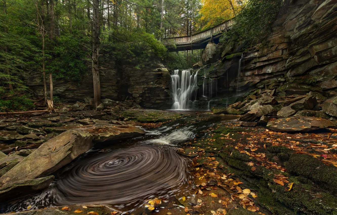 Photo wallpaper autumn, trees, bridge, river, stones, waterfall, cascade, West Virginia