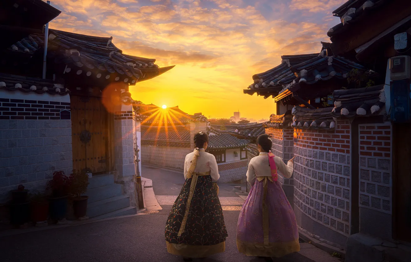 Photo wallpaper girl, the sun, dawn, morning, Korean, hanbok, Hanbok