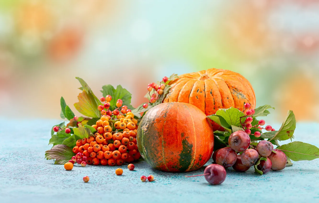 Photo wallpaper autumn, berries, table, mood, harvest, fruit, pumpkin, pumpkin