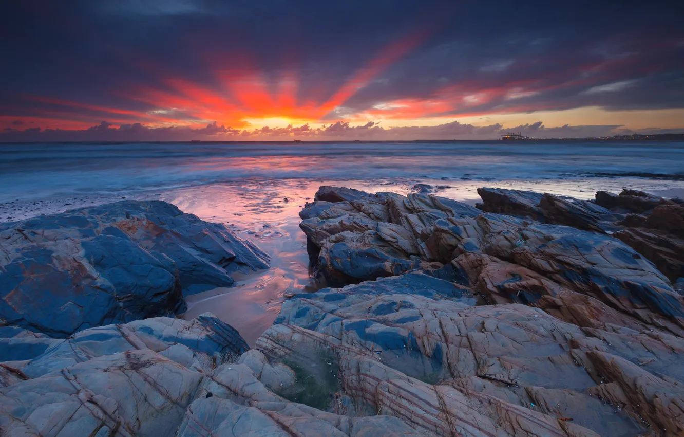 Photo wallpaper landscape, stones, the ocean, dawn, shore