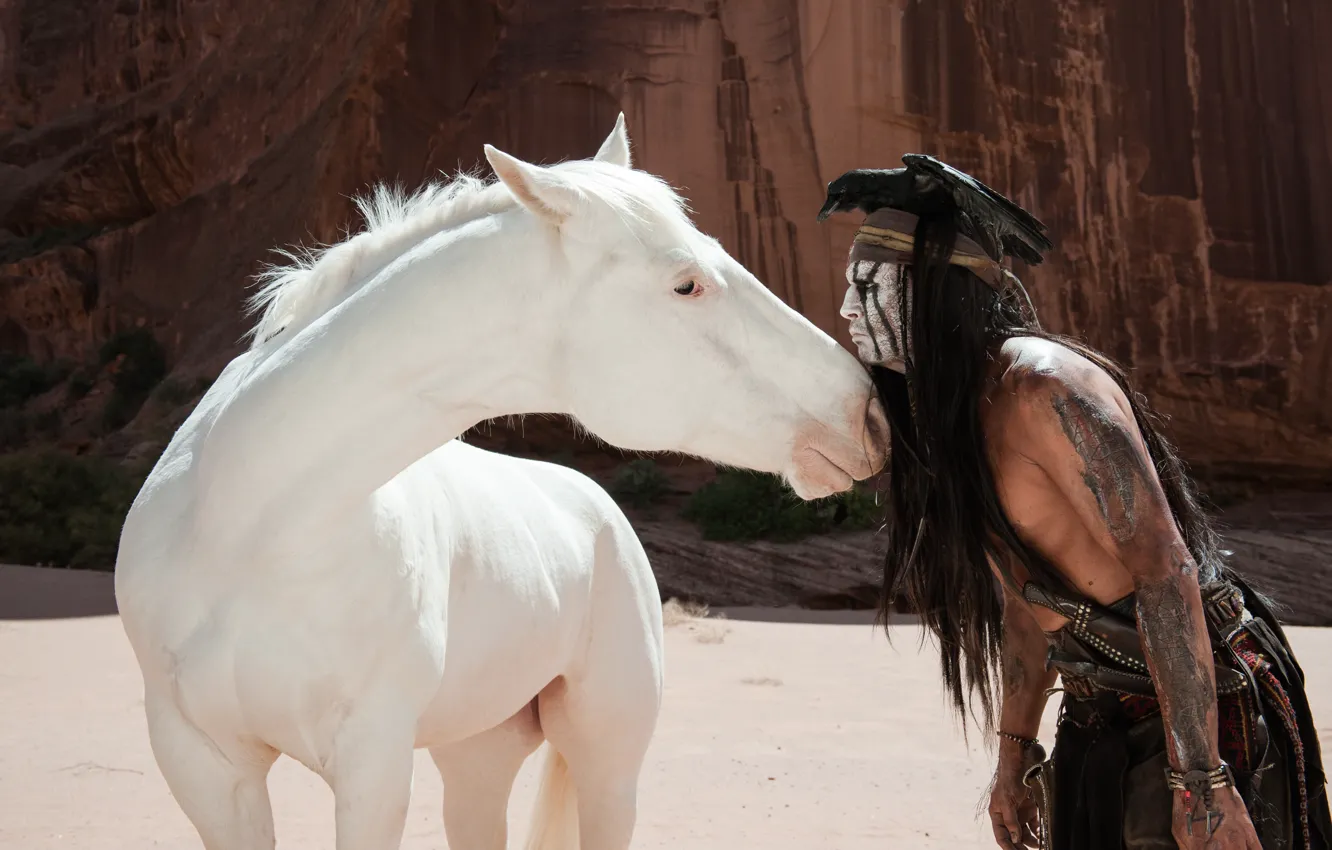 Photo wallpaper bird, Johnny Depp, horse, actor, Johnny Depp, crow, Indian, The Lone Ranger