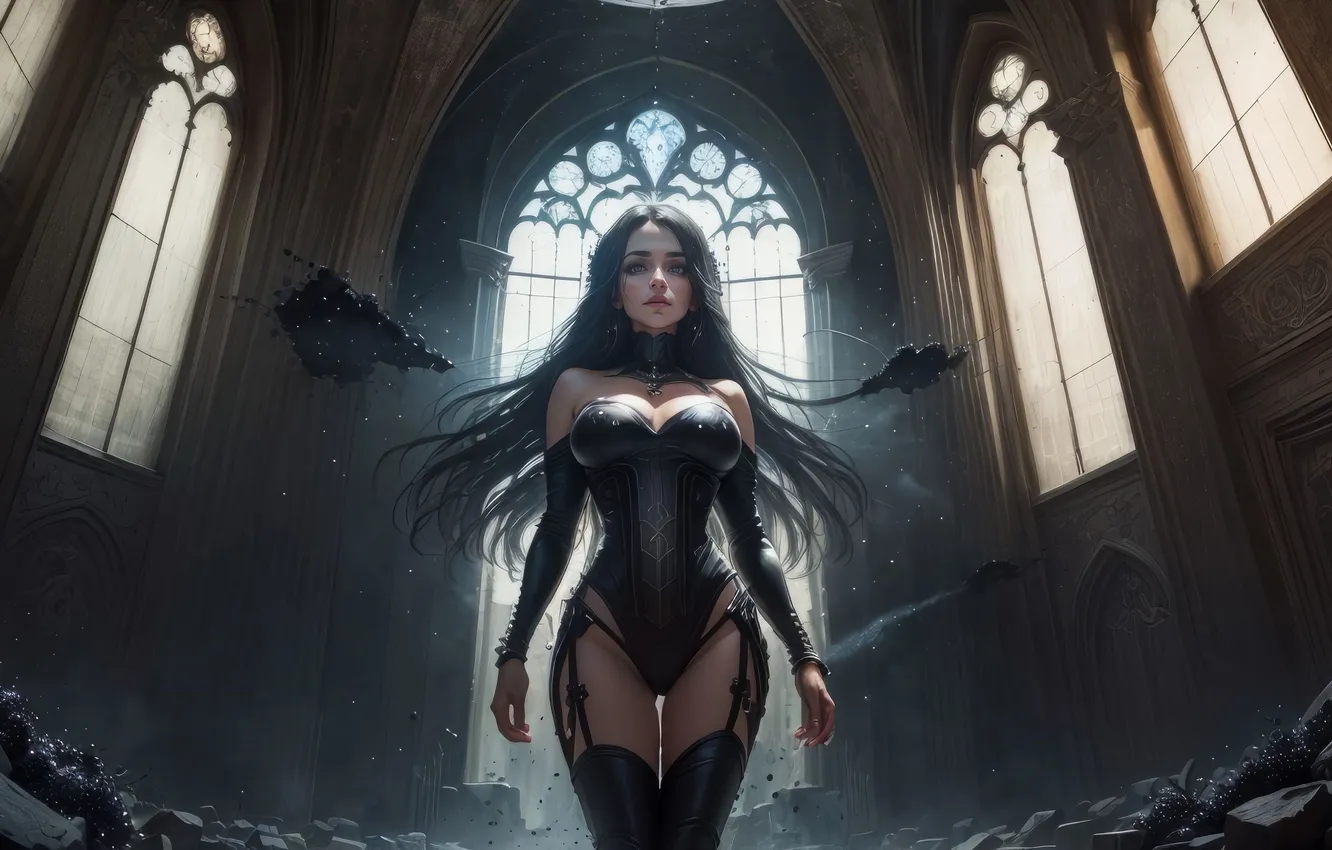 Photo wallpaper Cathedral, temple, long hair, bust, digital art, digital art, slim figure, fantasy art