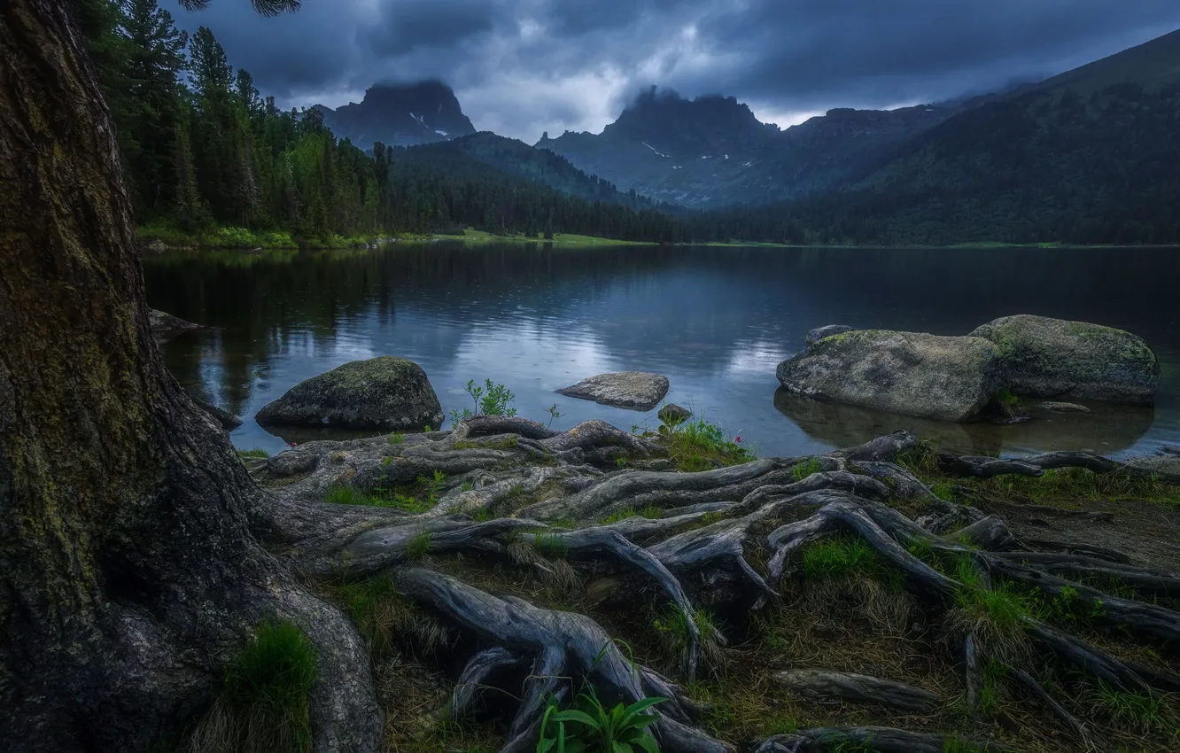 Photo wallpaper clouds, mountains, lake, water surface, boulders, the roots of the tree, Alexey Kretov, picturesque landscape