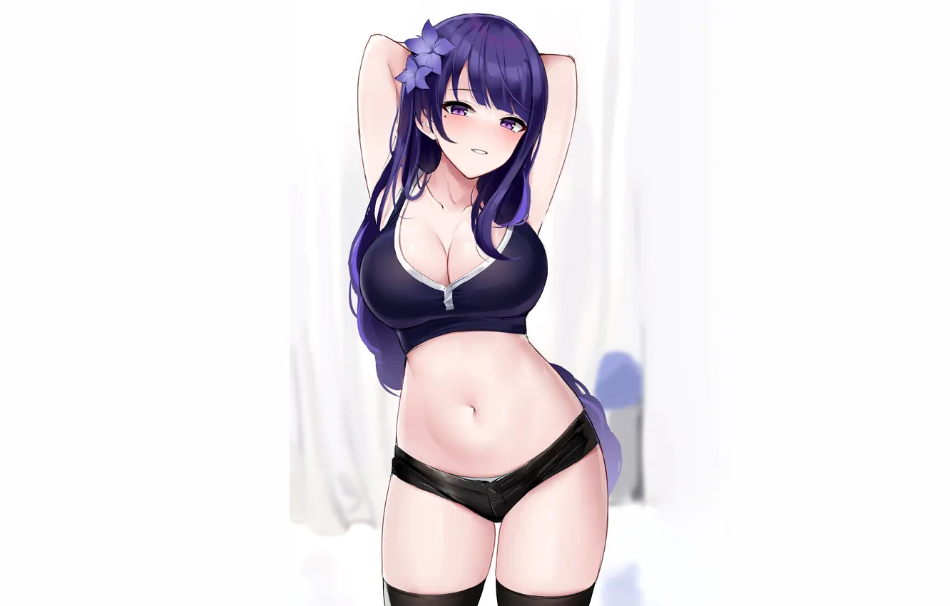 Photo wallpaper girl, sexy, cleavage, shorts, thighhighs, long hair, boobs, anime