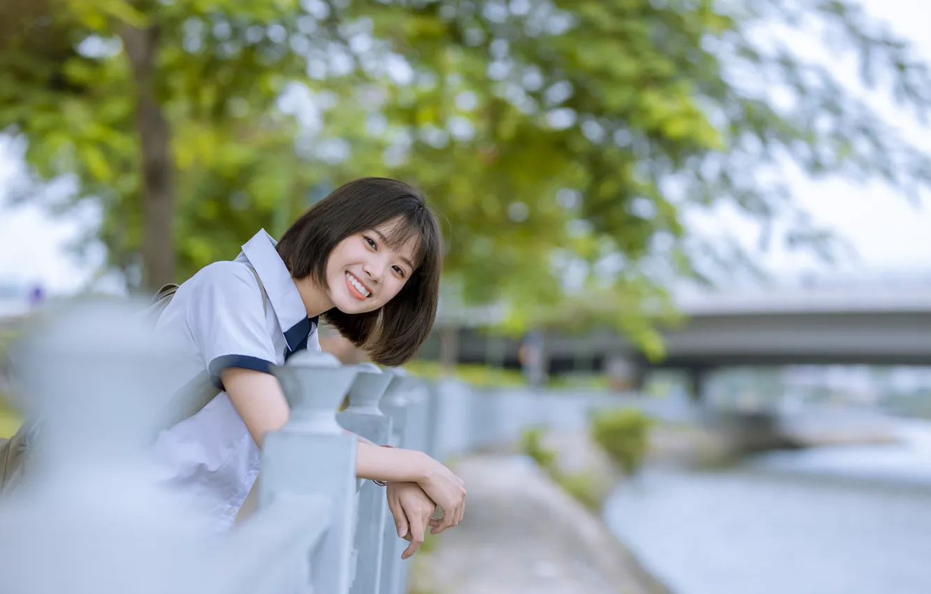 Photo wallpaper trees, bridge, smile, positive, fence, Asian, cute girl