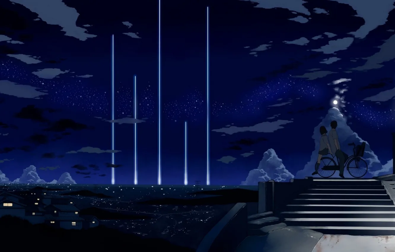 Photo wallpaper the sky, girl, stars, clouds, night, bike, the city, lights