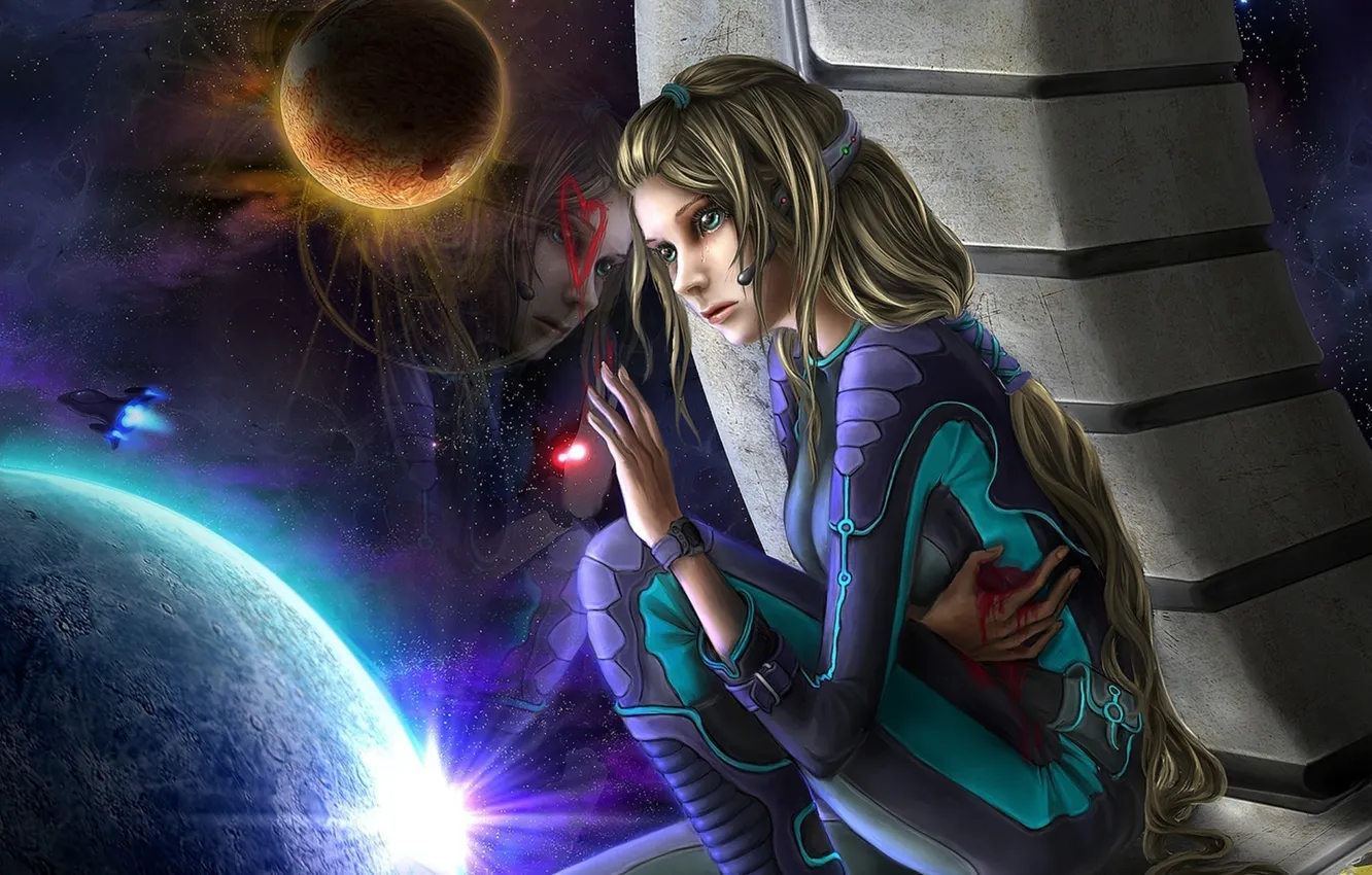 Photo wallpaper girl, space, blood, planet, ship, tears, art, wound