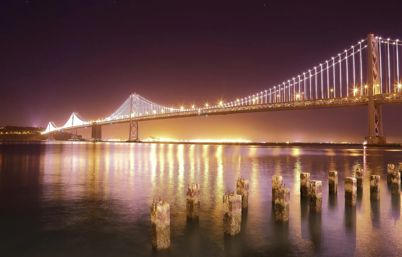 Photo wallpaper night, bridge, the city, lights, river, shore