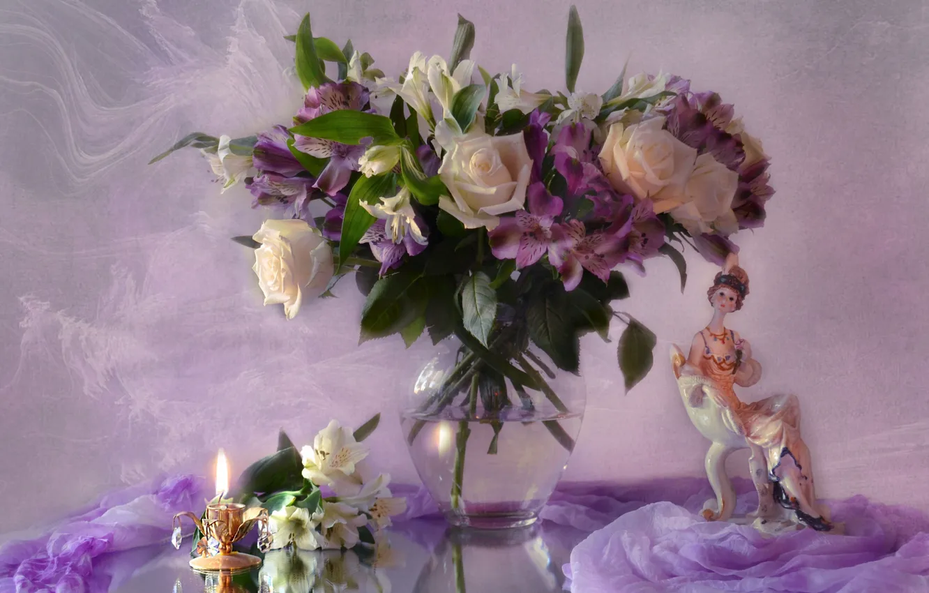 Photo wallpaper roses, bouquet, figurine, Alstroemeria