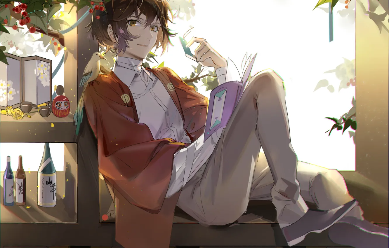 Photo wallpaper room, guy, bird, Bungou Stray Dogs, Stray Dogs: A Literary Genius, Dazai Osamu