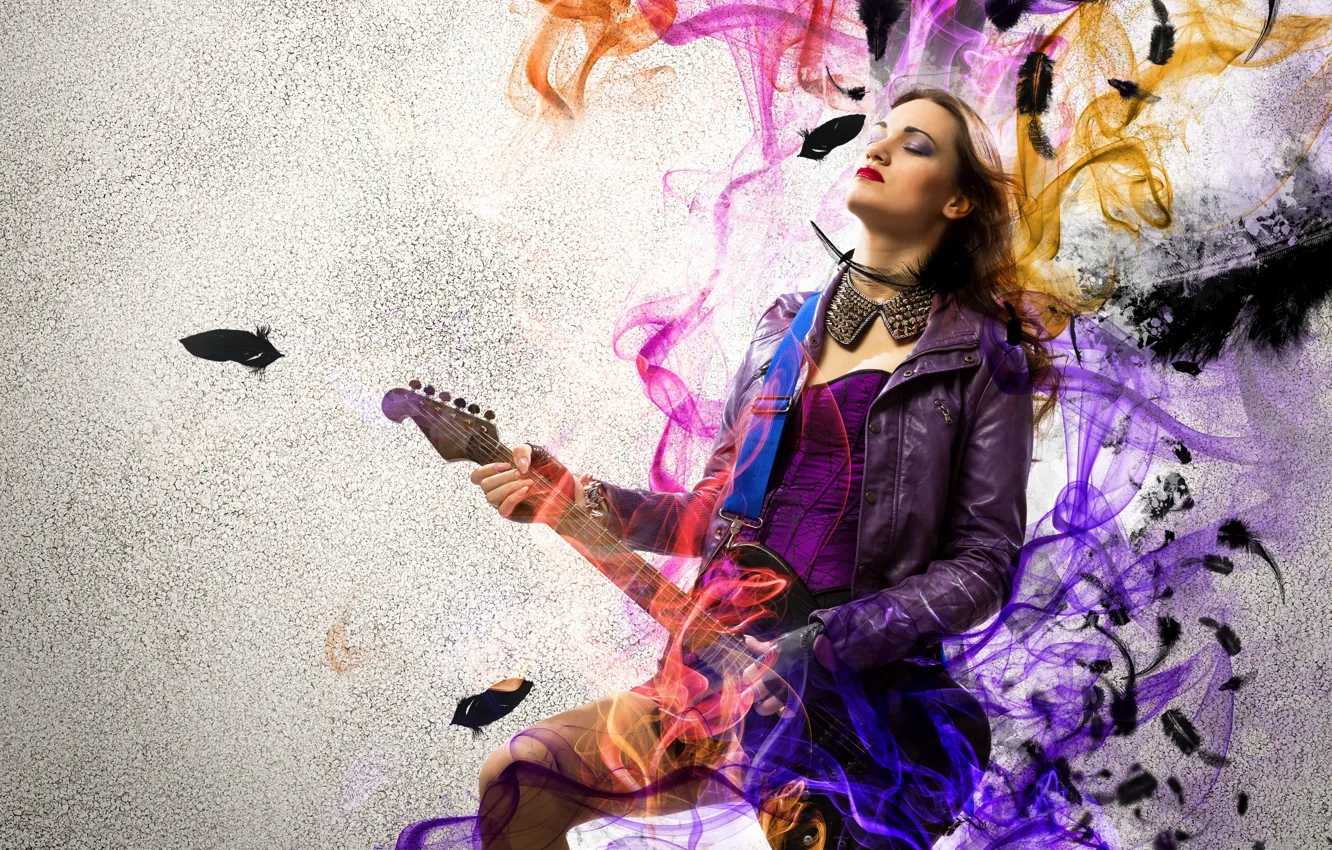 Photo wallpaper girl, music, smoke, guitar, rock