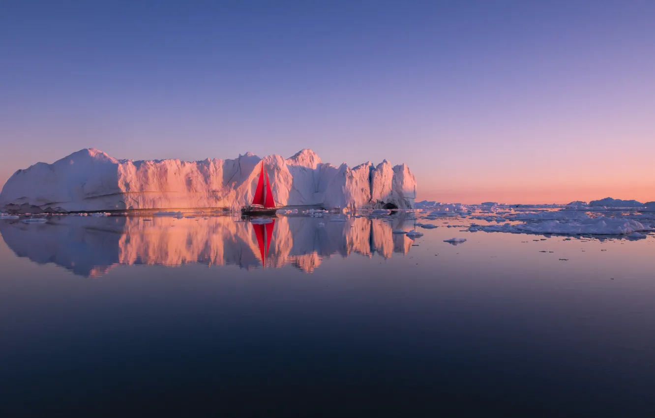 Photo wallpaper sea, reflection, boat, yacht, iceberg, scarlet sails, Greenland, Greenland