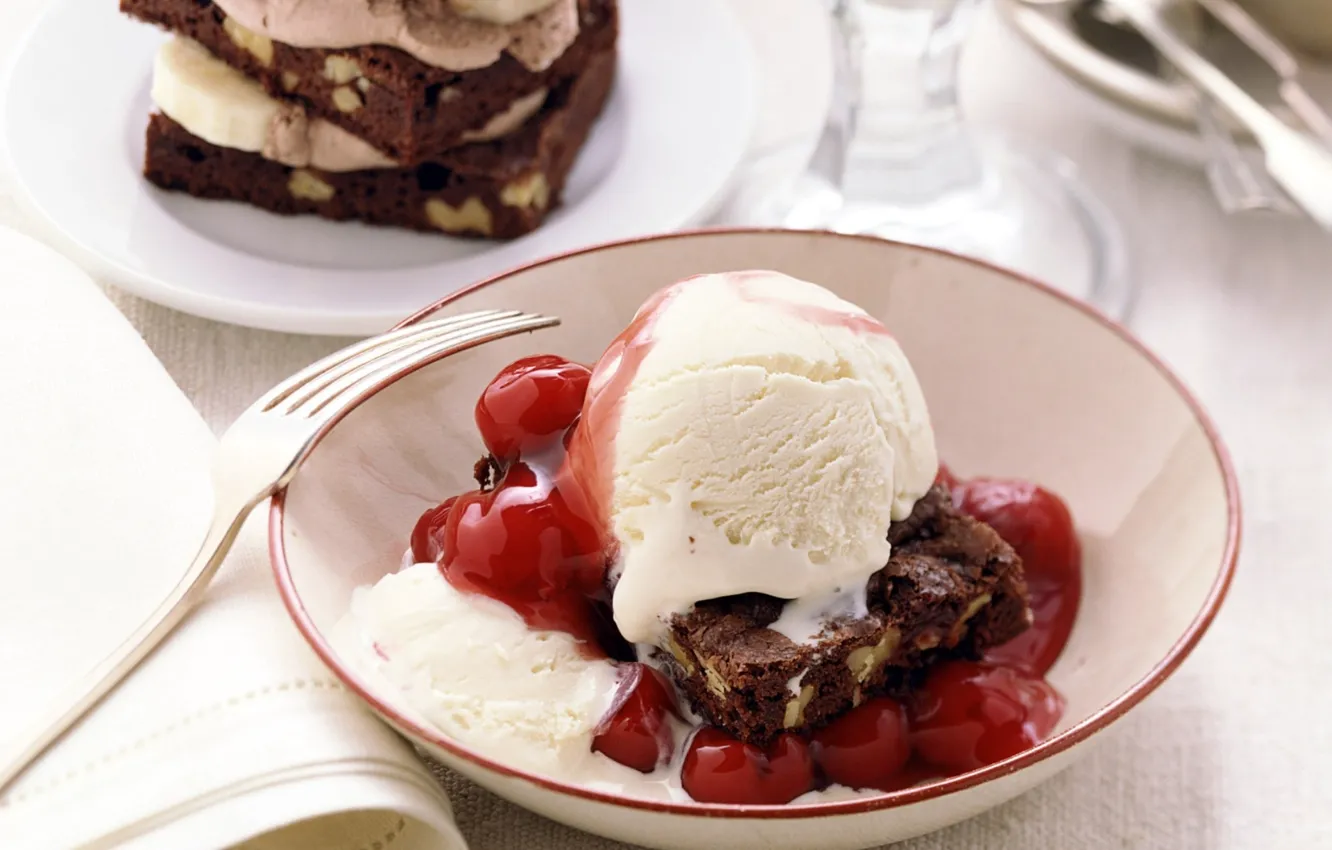 Photo wallpaper cherry, food, ice cream, dessert, syrup, biscuit