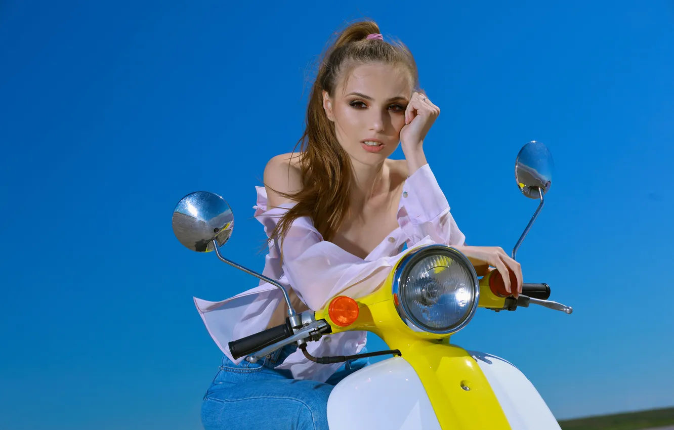 Photo wallpaper model, awesome, brunette, blue sky, gorgeous, posing, beautiful face, Photoshoot