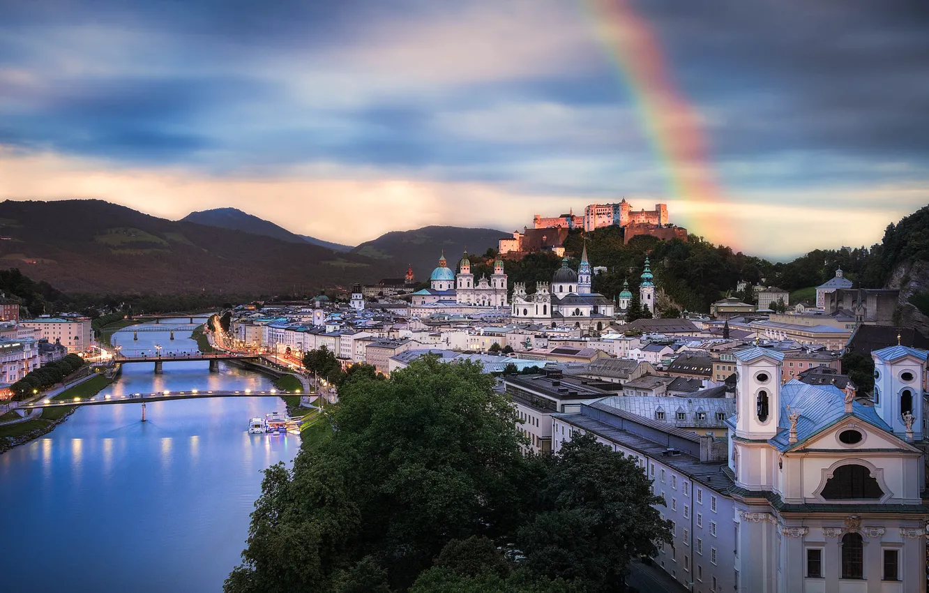 Photo wallpaper landscape, mountains, the city, river, building, home, rainbow, Austria