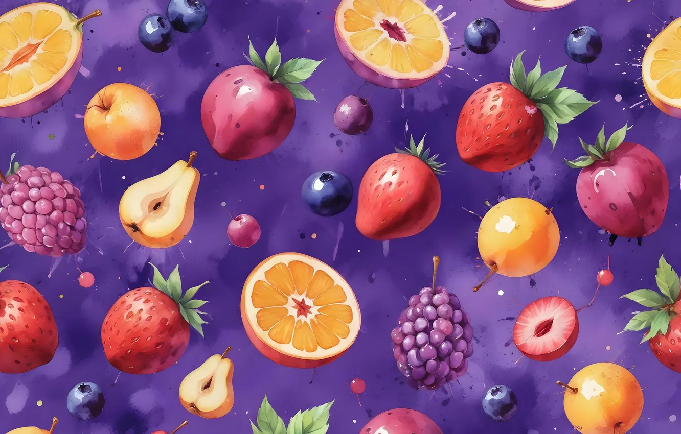 Photo wallpaper texture, fruit, different, cuts, imitation of watercolor, AI art, neural network