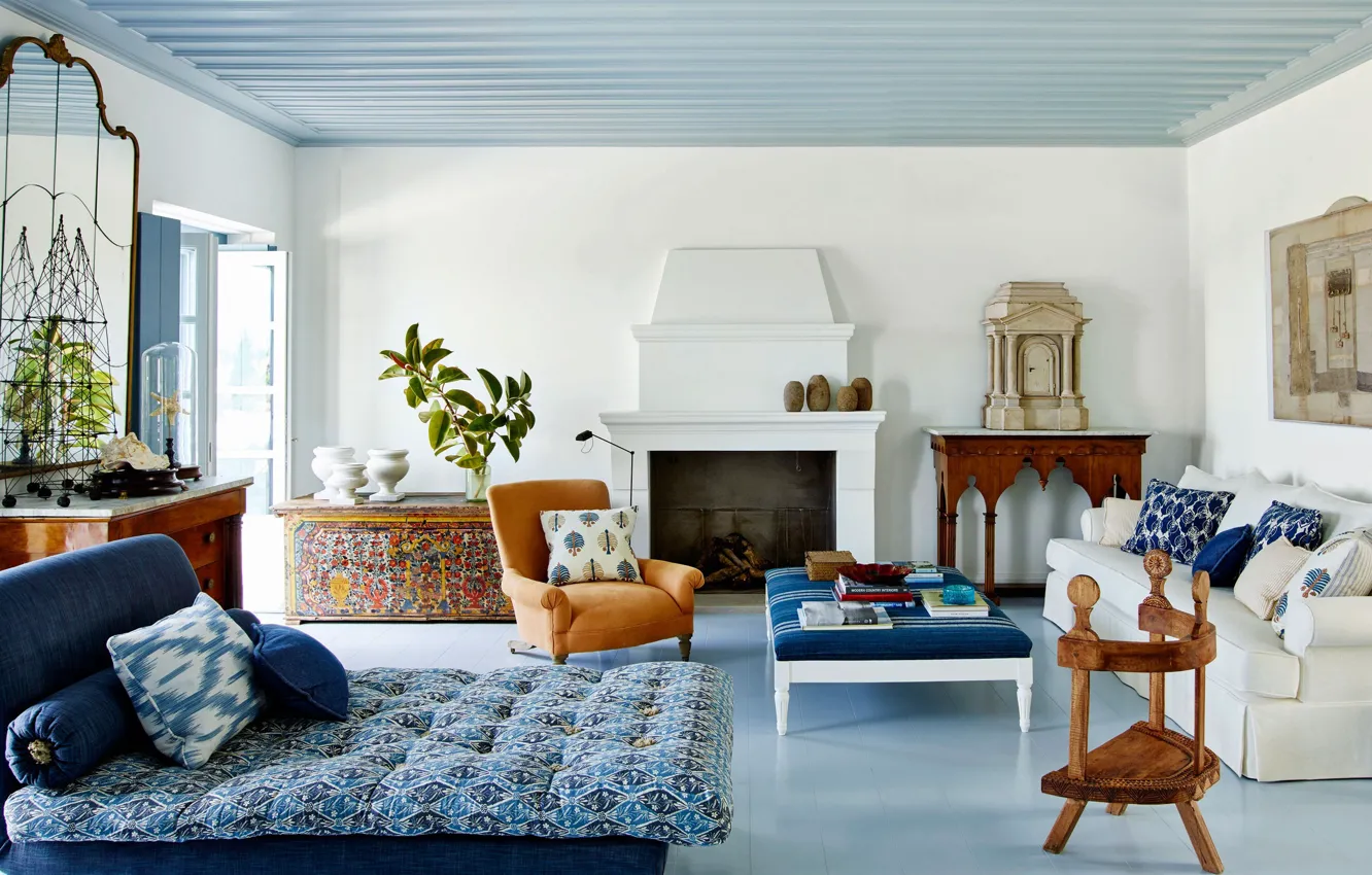 Photo wallpaper design, style, interior, fireplace, living room, Greece, Isabel Lopez Quesada