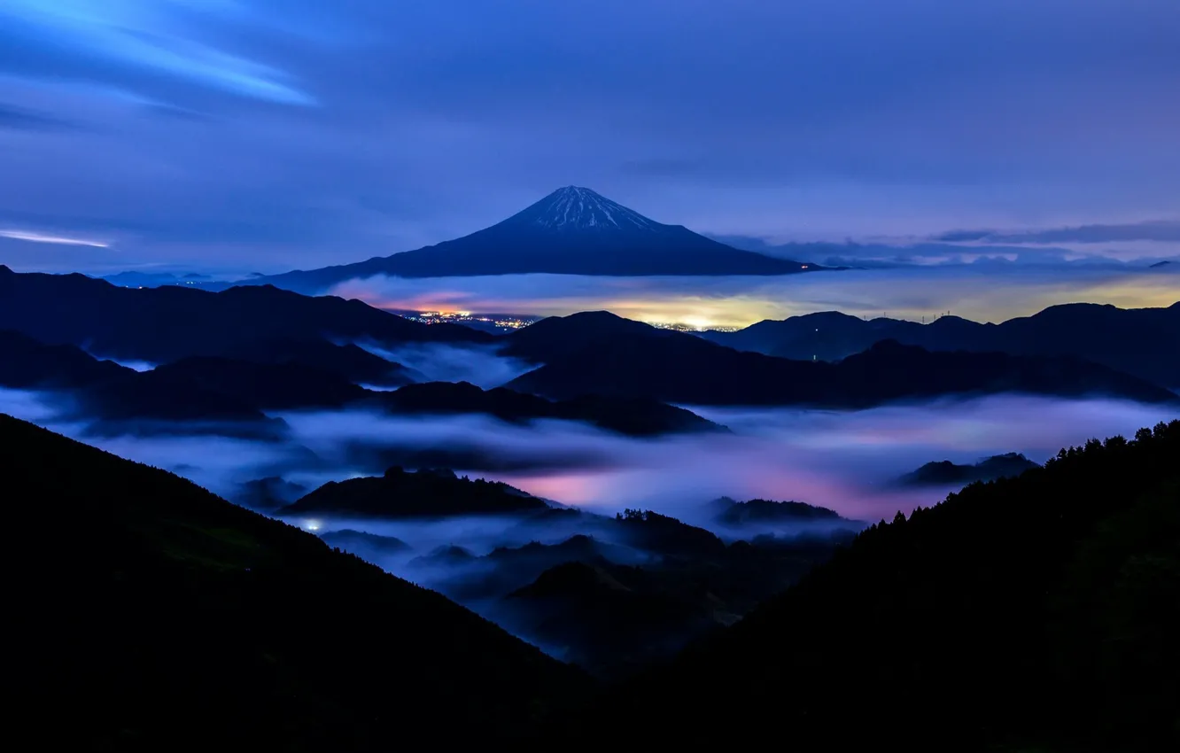 Photo wallpaper city, lights, Japan, forest, Mount Fuji, sky, trees, landscape
