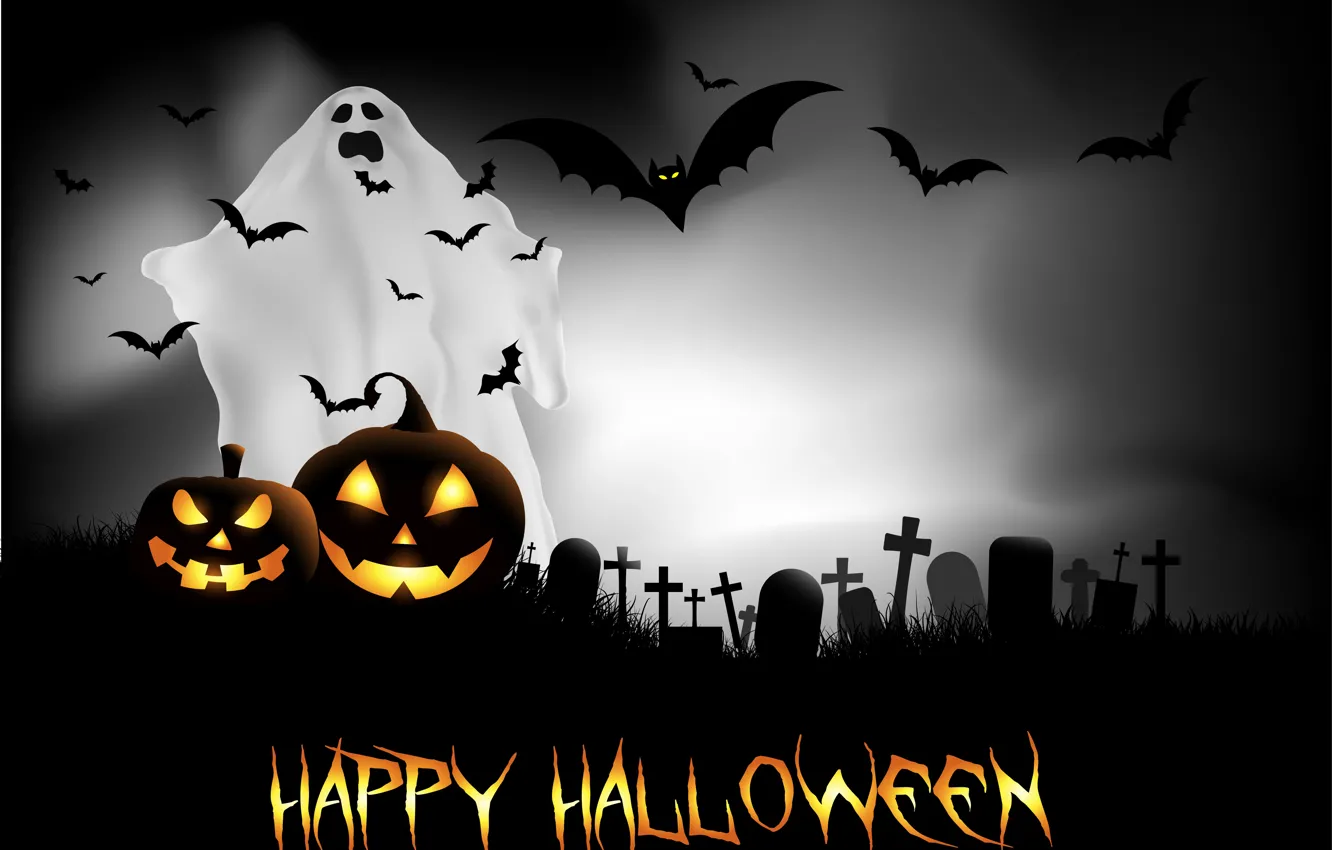 Photo wallpaper the sky, night, the moon, graves, spirit, Ghost, Halloween, pumpkin