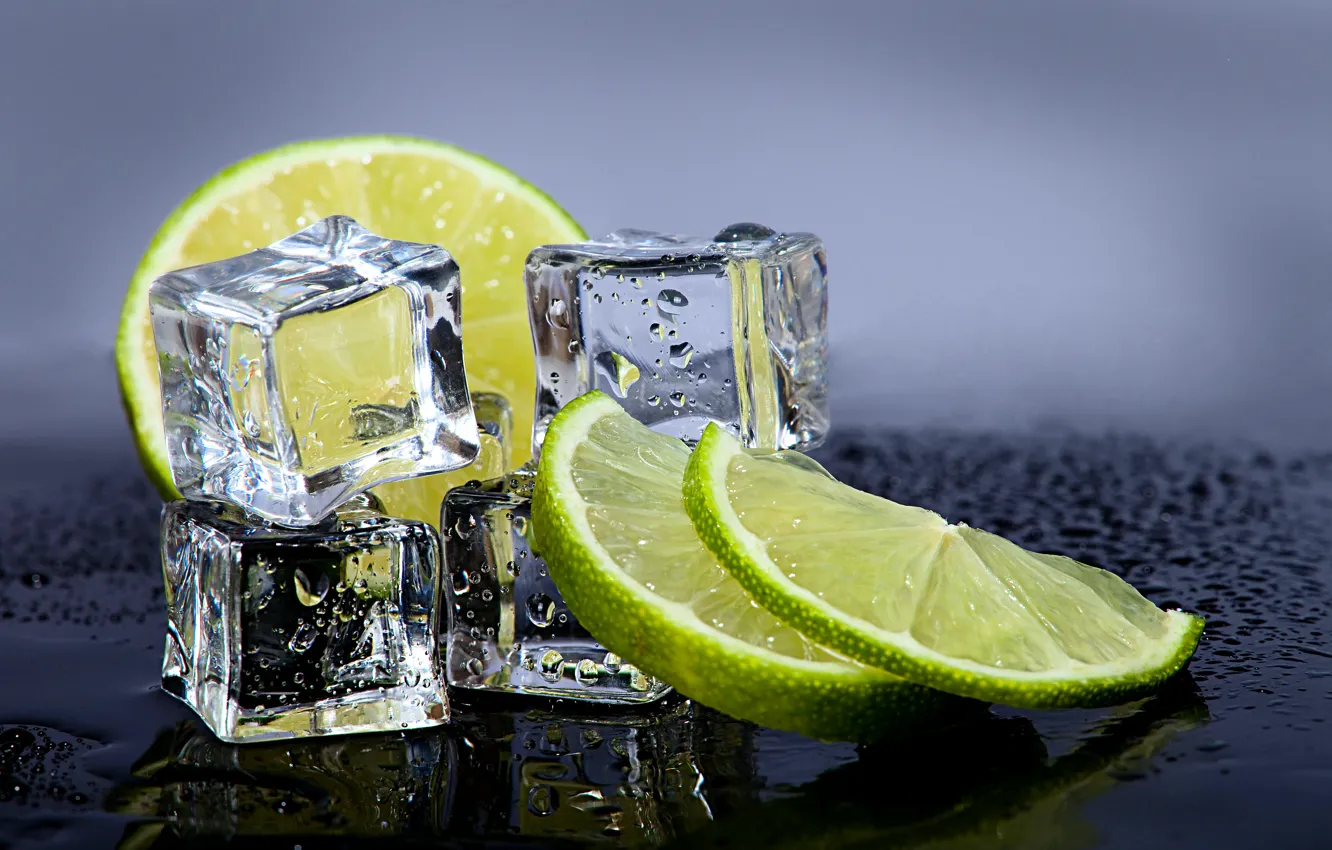 Photo wallpaper ice, cubes, lime