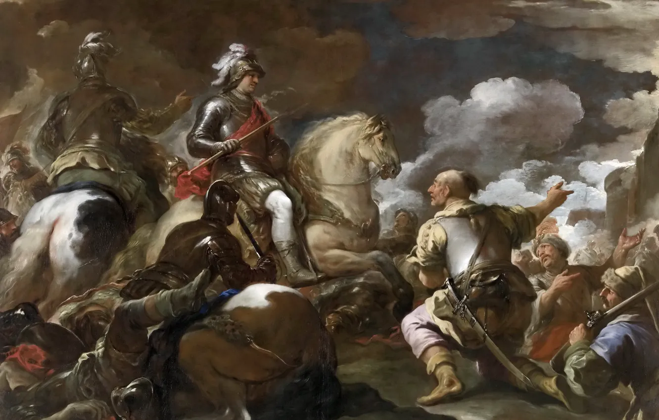 Photo wallpaper horse, picture, warrior, rider, battle genre, Luca Giordano, The Capture Of The Fortress