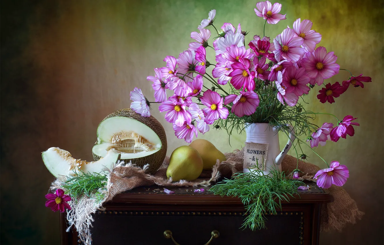 Photo wallpaper flowers, fabric, pitcher, fruit, still life, pear, table, burlap