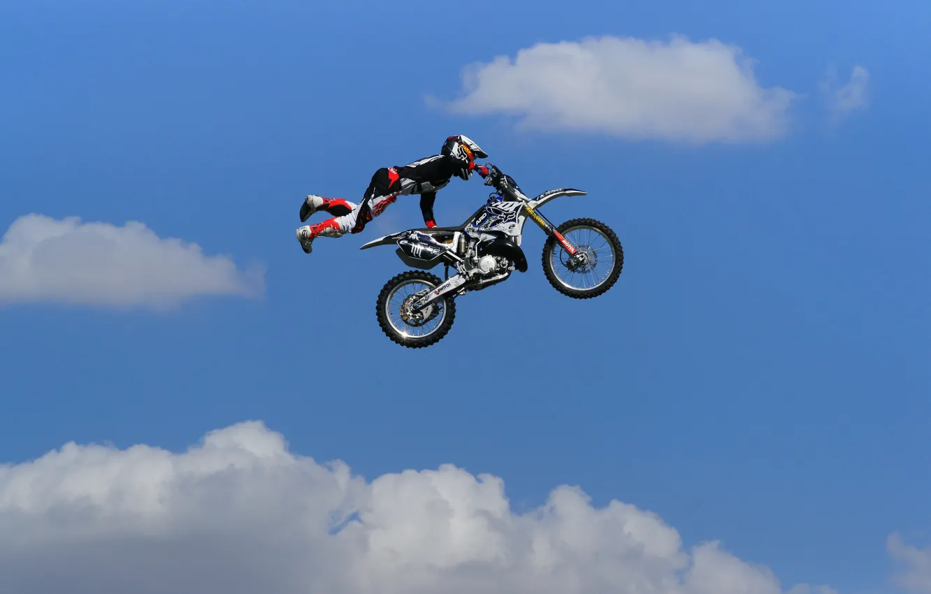 Photo wallpaper the sky, clouds, jump, motorcycle, male, motocross