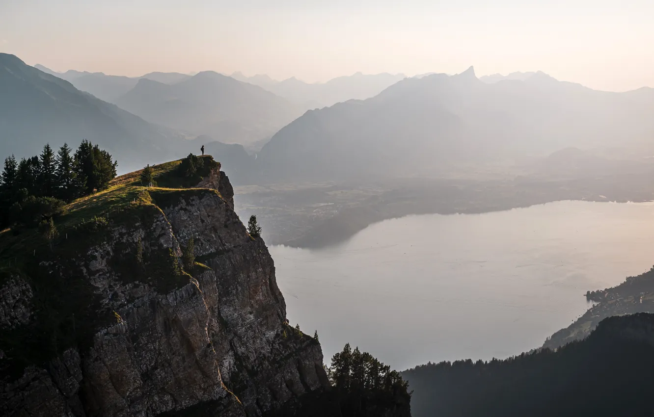 Photo wallpaper trees, mountains, river, rocks, people, height, Switzerland, panorama