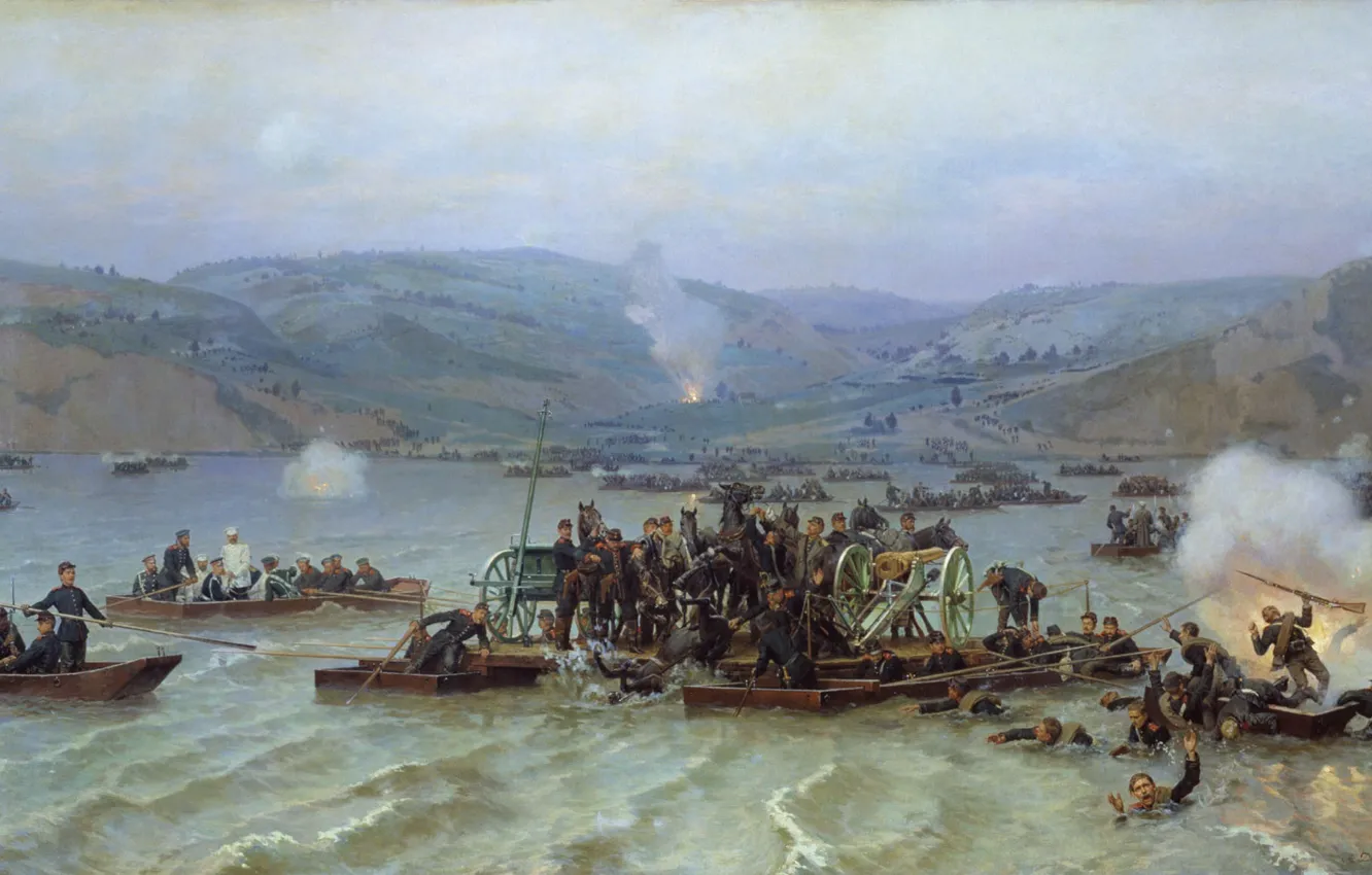 Photo wallpaper water, explosions, boats, Nikolai DMITRIEV-ORENBURG, The crossing of the Russian army, across the Danube from …