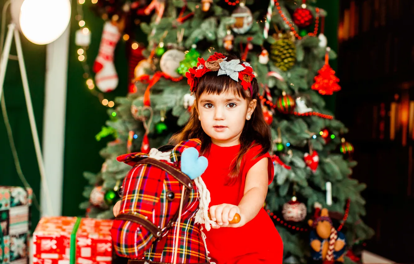 Photo wallpaper children, toy, new year, Christmas, girl, in red, Christmas decorations, horse