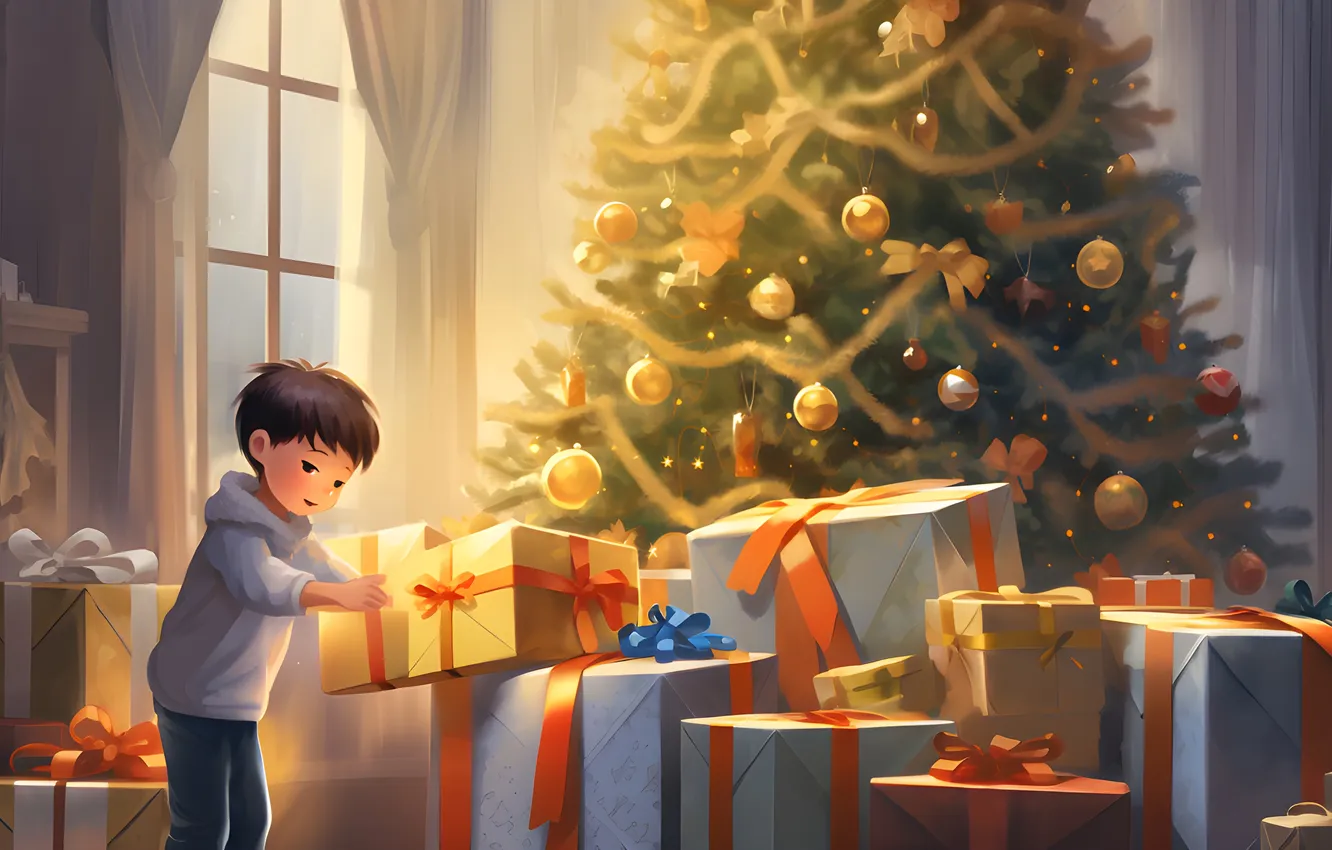 Photo wallpaper gift, tree, new year, boy, Christmas, digital art, AI art, The Art of Artificial Intelligence