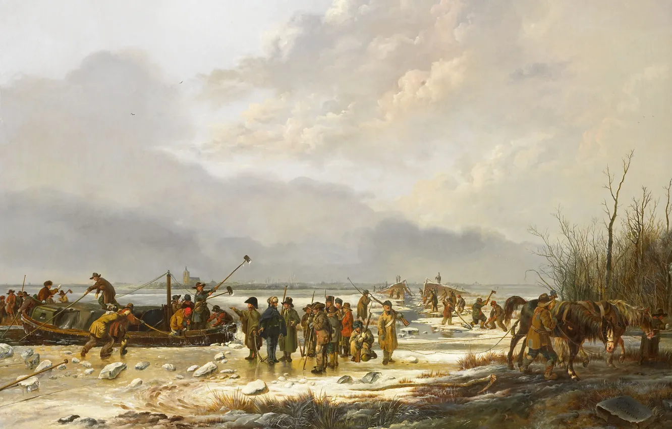 Photo wallpaper landscape, oil, picture, canvas, Pieter Gerardus van OS, Frozen Karnemelksloot in Naarden