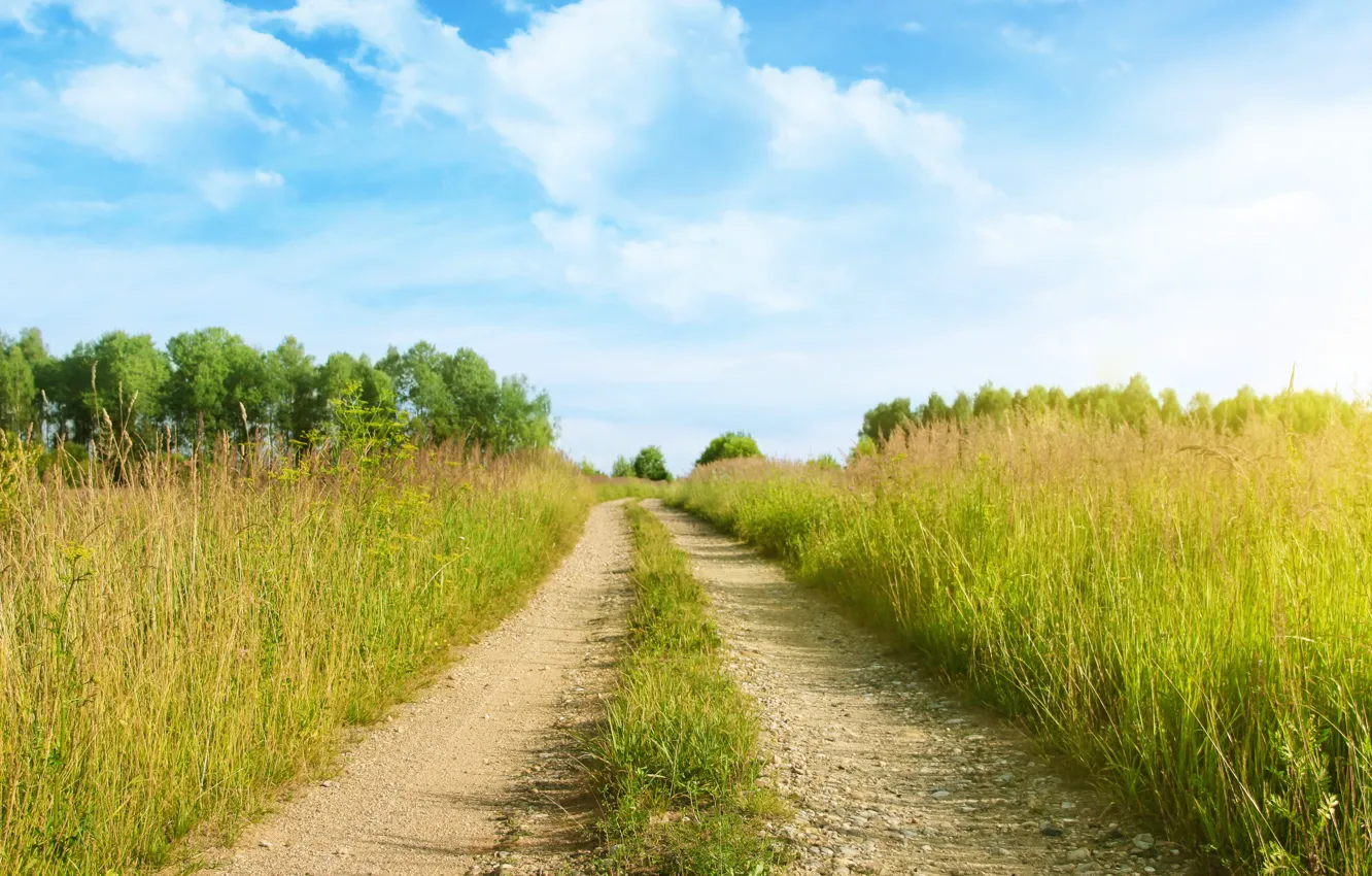 Photo wallpaper road, the sky, field, clouds