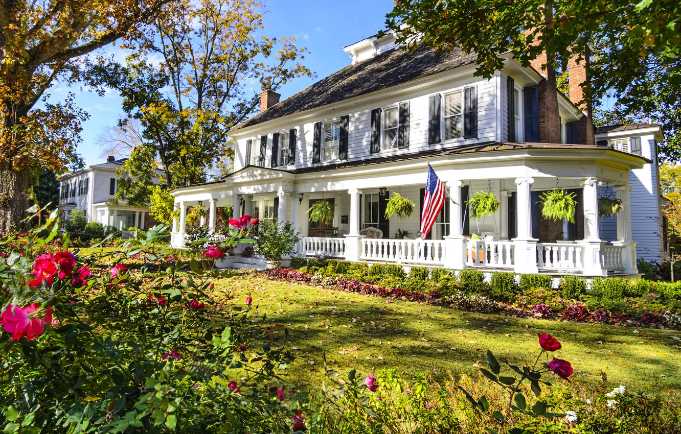 Photo wallpaper trees, flowers, lawn, home, garden, CA, USA, Sunny