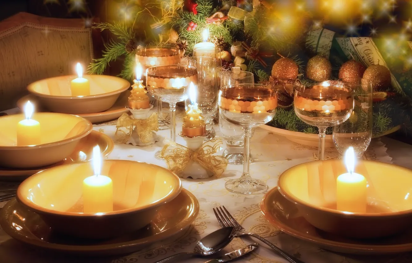 Photo wallpaper table, tree, candles, glasses, Christmas, dishes, bows, Christmas