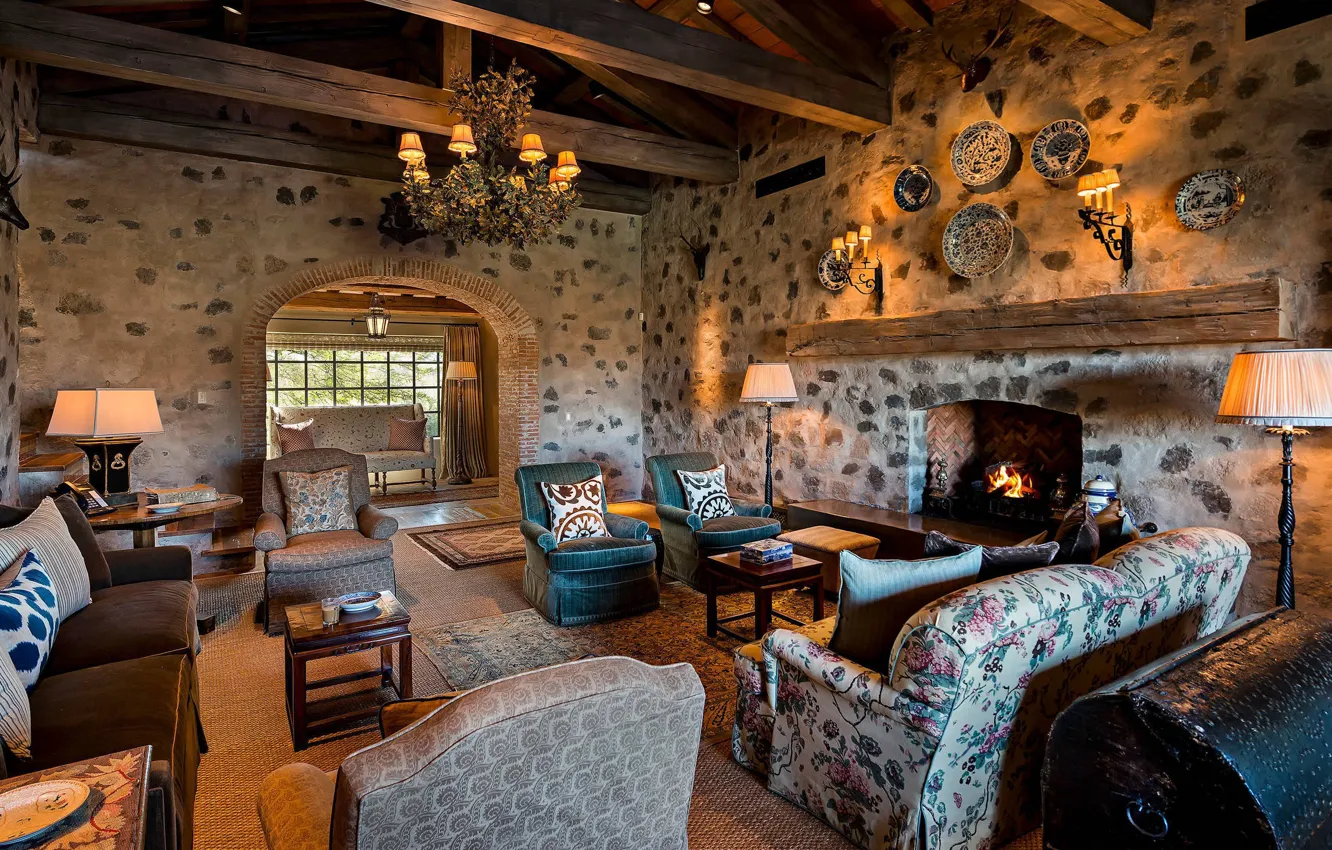 Photo wallpaper design, interior, fireplace, living room, Idaho, Tuscan style in the desert, Tuscan style in the …