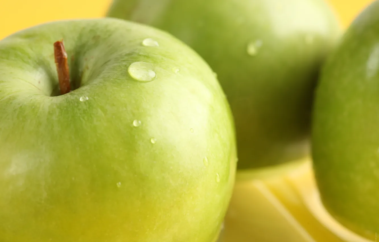Photo wallpaper water, drops, macro, apples, green
