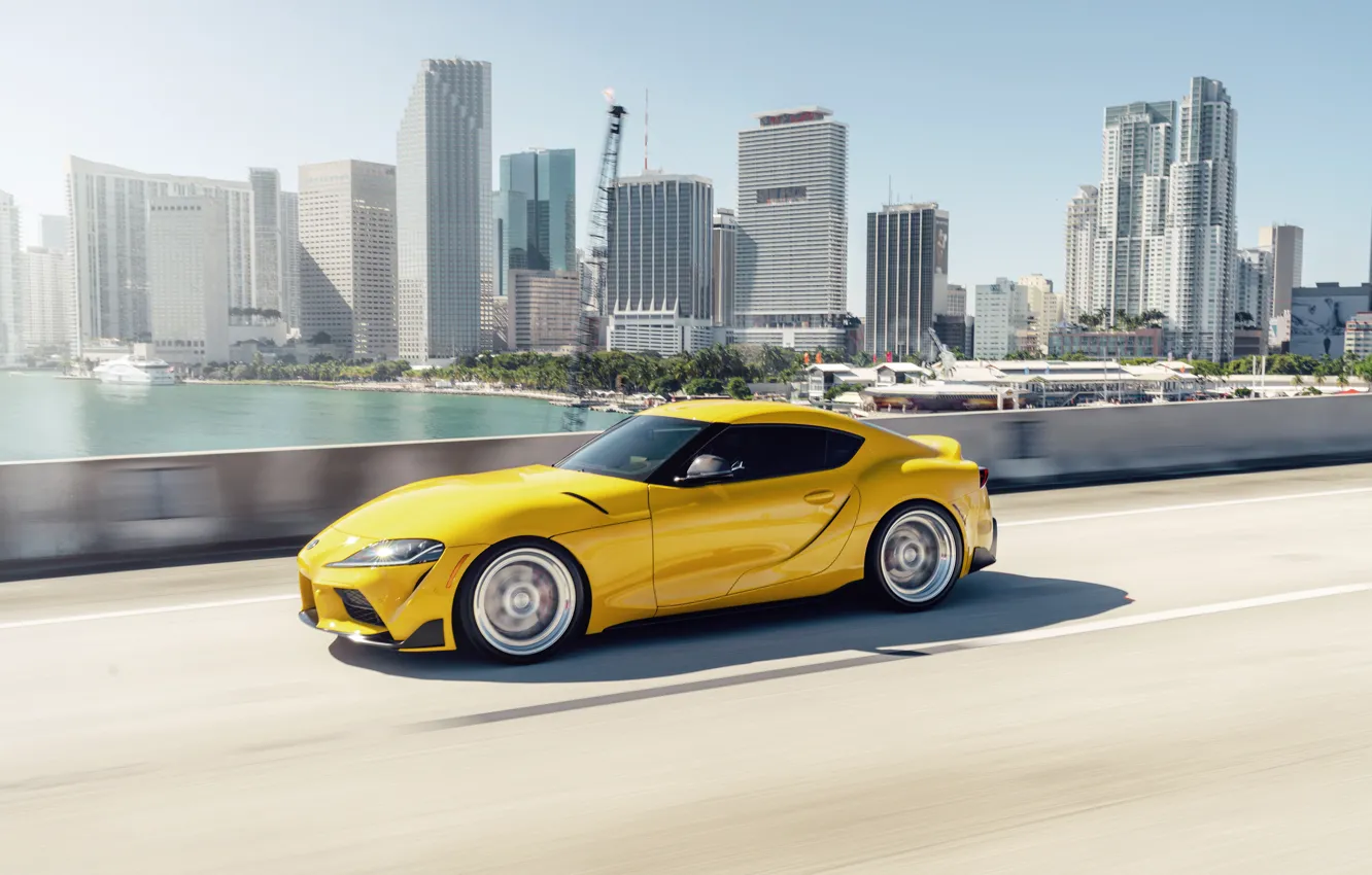 Photo wallpaper road, yellow, sports car, Toyota Supra, Denmark, 2020 Toyota GR Above