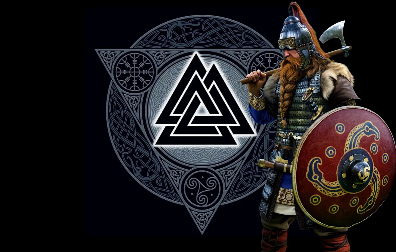 Photo wallpaper axe, sword, armor, warrior, helmet, sword, axe, shield