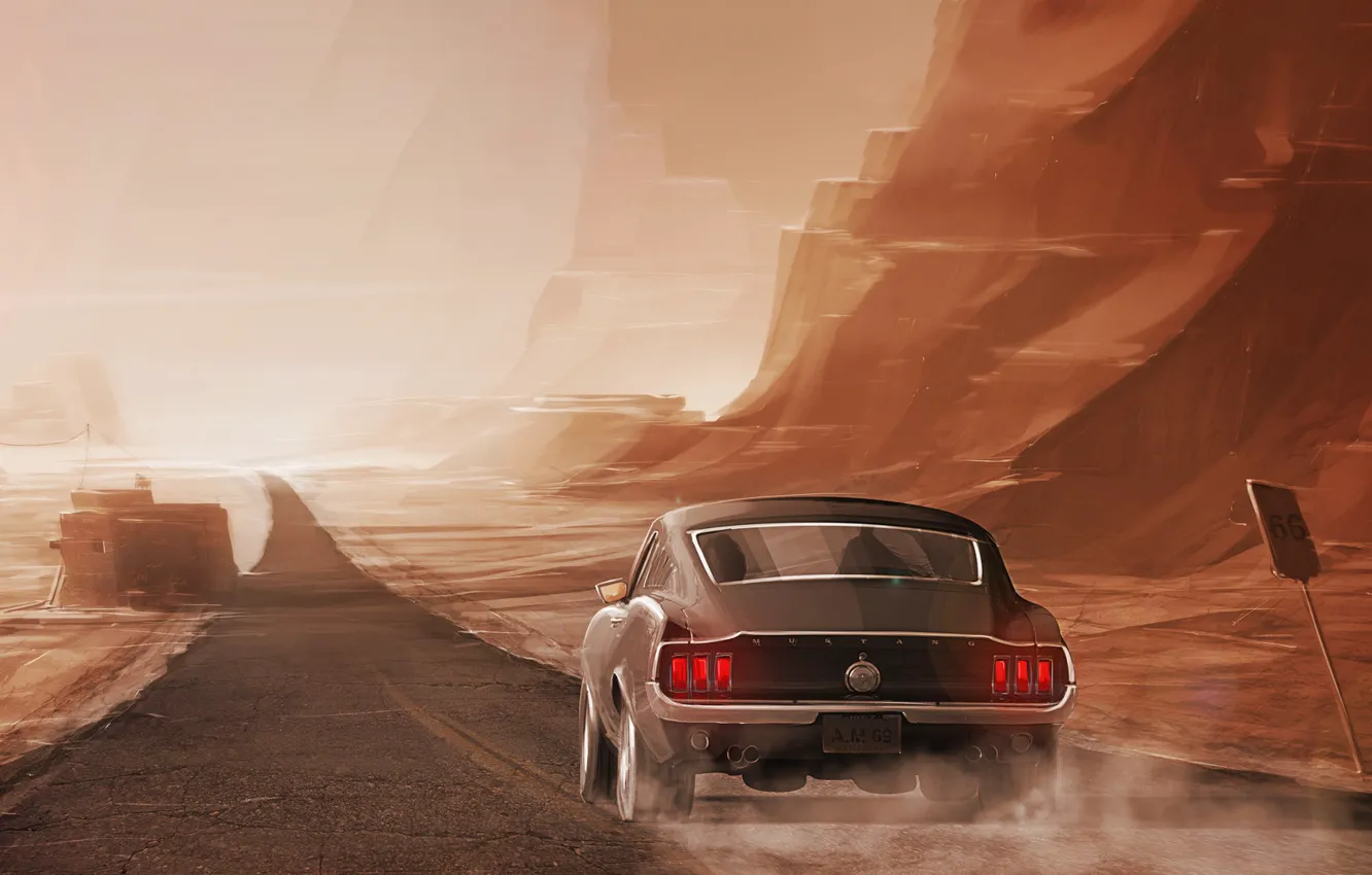 Photo wallpaper Mustang, Ford, Auto, Road, Figure, Machine, Car, Art