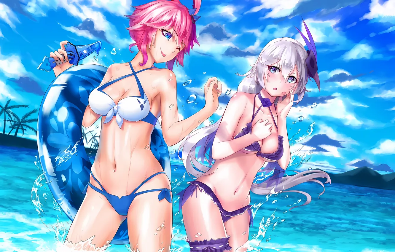 Photo wallpaper sexy, wet, cleavage, beach, pink hair, long hair, sea, girls