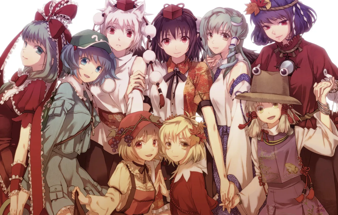 Photo wallpaper girls, the crowd, anime, ears, costumes, views
